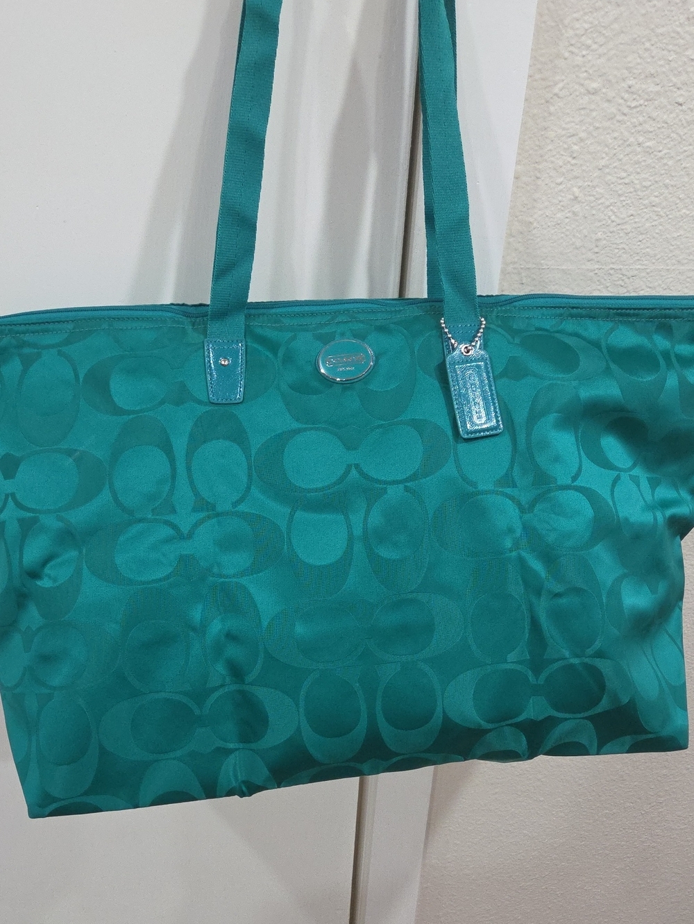 Coach Teal Weekender Signature Jacquard Tote with Pouch